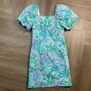Lilly Pulitzer Lettie Puff Sleeve Tropical Print‎ Dress Womens 2 Purple Green